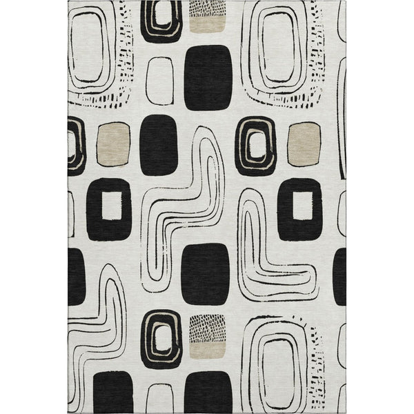 HomeRoots 9' X 12' Stylish Ivory, Black & Beige Geometric Area Rug - Washable, UV Protected & Stain Resistant 696655