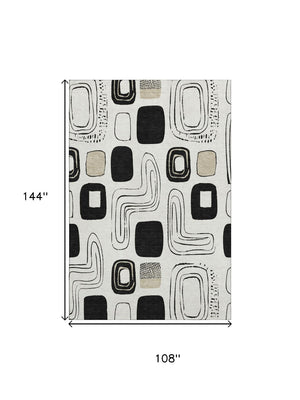 HomeRoots 9' X 12' Stylish Ivory, Black & Beige Geometric Area Rug - Washable, UV Protected & Stain Resistant 696655