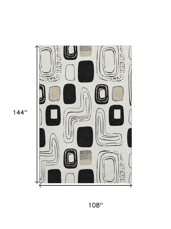 HomeRoots 9' X 12' Stylish Ivory, Black & Beige Geometric Area Rug - Washable, UV Protected & Stain Resistant 696655
