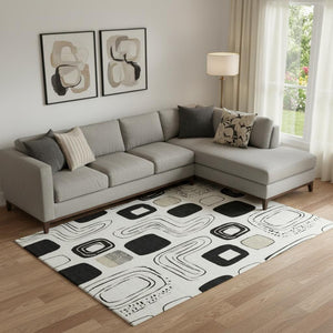 HomeRoots 9' X 12' Stylish Ivory, Black & Beige Geometric Area Rug - Washable, UV Protected & Stain Resistant 696655