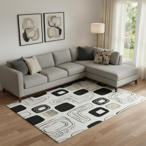 HomeRoots 9' X 12' Stylish Ivory, Black & Beige Geometric Area Rug - Washable, UV Protected & Stain Resistant 696655