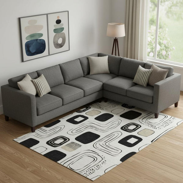 HomeRoots 10' Geometric Ivory, Black & Beige Area Rug - Durable, Washable & UV-Protected for Family Spaces 696656