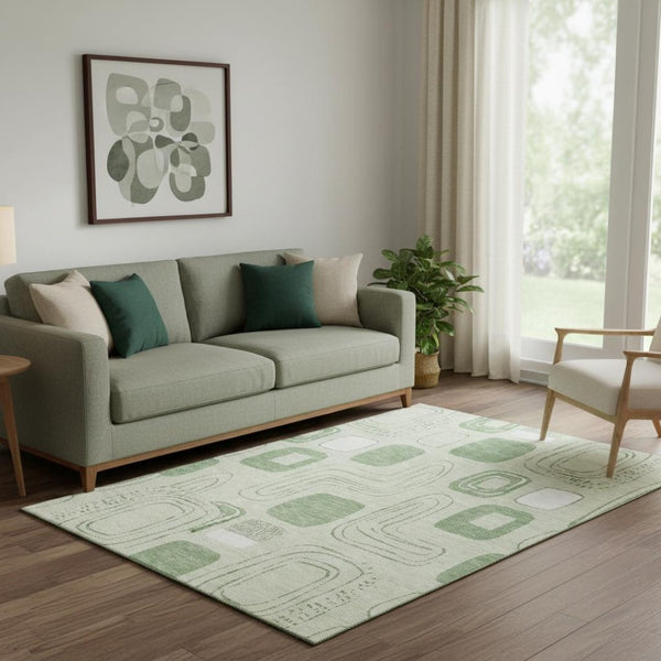 HomeRoots 5' X 8' Mint Green & Ivory Geometric Washable Area Rug - Durable, Stain Resistant, UV Protected! 696658