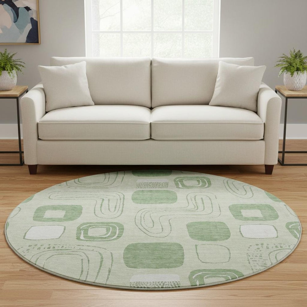 HomeRoots 8' Mint Green Geometric Round Rug - Washable, UV Protected & Stain Resistant for High-Traffic Areas 696659