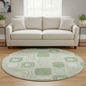 HomeRoots 8' Mint Green Geometric Round Rug - Washable, UV Protected & Stain Resistant for High-Traffic Areas 696659