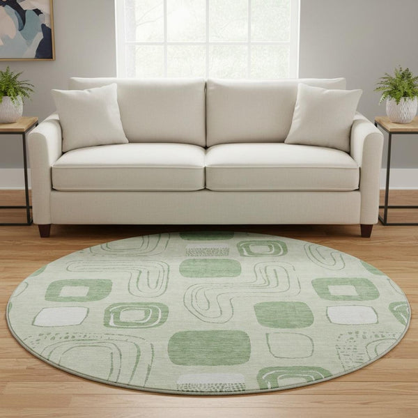 HomeRoots 8' Mint Green Geometric Round Rug - Washable, UV Protected & Stain Resistant for High-Traffic Areas 696659