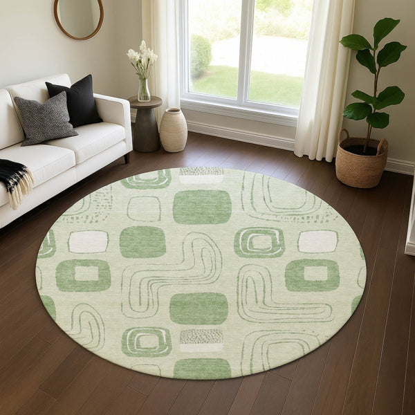 HomeRoots 8' Mint Green Geometric Round Rug - Washable, UV Protected & Stain Resistant for High-Traffic Areas 696659