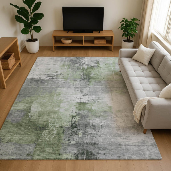 HomeRoots 5' X 8' Washable Abstract Area Rug in Green, Ivory & Gray - UV Protected, Durable & Easy Care! 696664