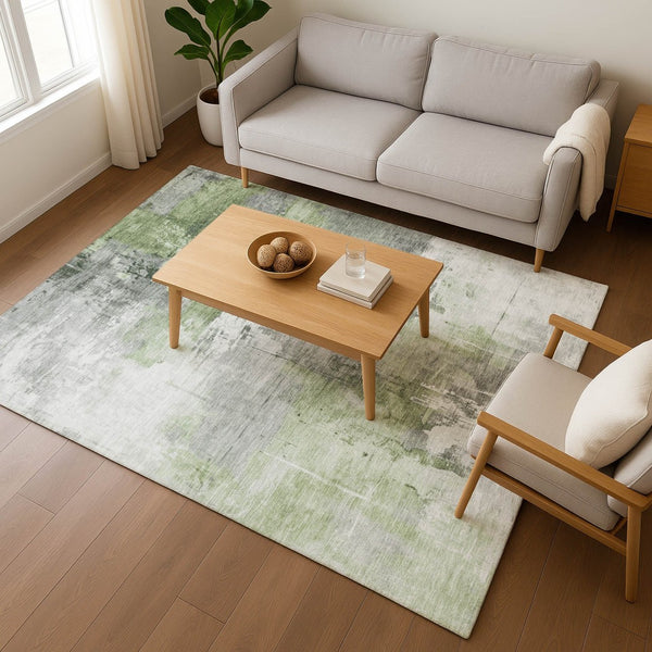 HomeRoots 5' X 8' Washable Abstract Area Rug in Green, Ivory & Gray - UV Protected, Durable & Easy Care! 696664