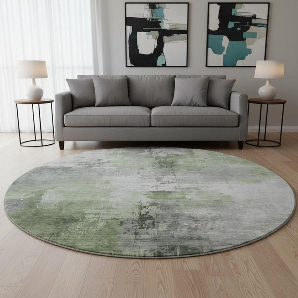 HomeRoots 8' Modern Abstract Round Rug in Green, Ivory, Gray - Washable, Stain Resistant, UV Protected Design 696665