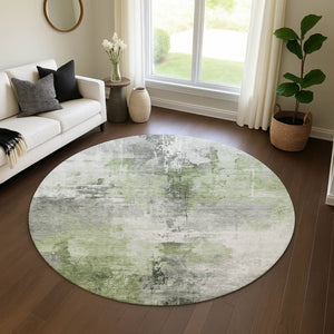 HomeRoots 8' Modern Abstract Round Rug in Green, Ivory, Gray - Washable, Stain Resistant, UV Protected Design 696665