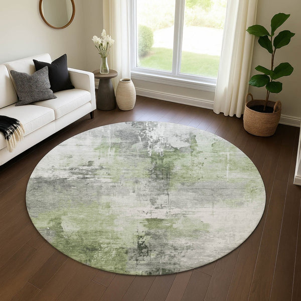 HomeRoots 8' Modern Abstract Round Rug in Green, Ivory, Gray - Washable, Stain Resistant, UV Protected Design 696665