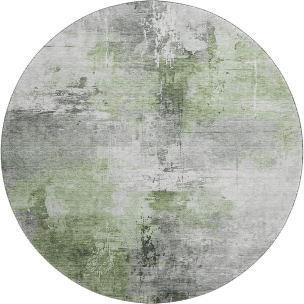HomeRoots 8' Modern Abstract Round Rug in Green, Ivory, Gray - Washable, Stain Resistant, UV Protected Design 696665