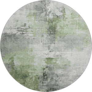 HomeRoots 8' Modern Abstract Round Rug in Green, Ivory, Gray - Washable, Stain Resistant, UV Protected Design 696665