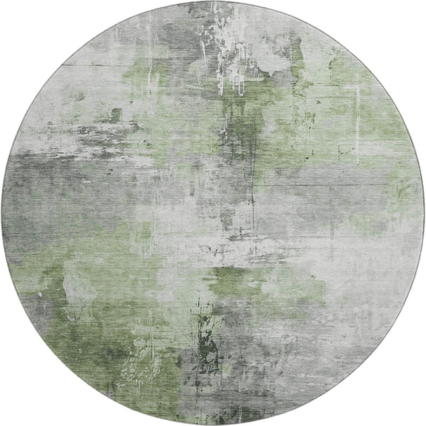 HomeRoots 8' Modern Abstract Round Rug in Green, Ivory, Gray - Washable, Stain Resistant, UV Protected Design 696665