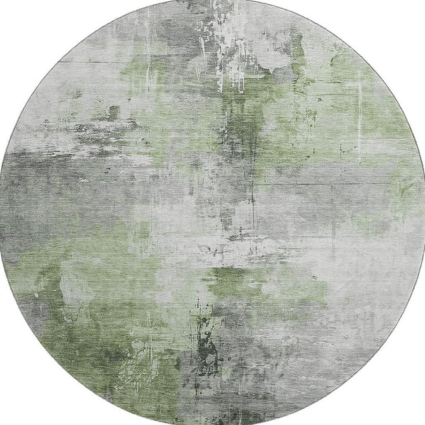 HomeRoots 8' Modern Abstract Round Rug in Green, Ivory, Gray - Washable, Stain Resistant, UV Protected Design 696665