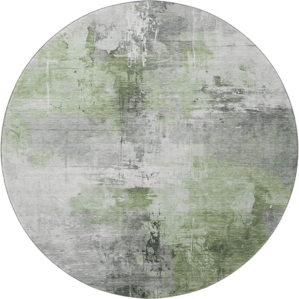 HomeRoots 8' Modern Abstract Round Rug in Green, Ivory, Gray - Washable, Stain Resistant, UV Protected Design 696665