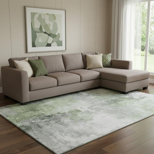HomeRoots 8' X 10' Washable Area Rug in Green, Ivory & Gray with UV Protection for High-Traffic Spaces 696666