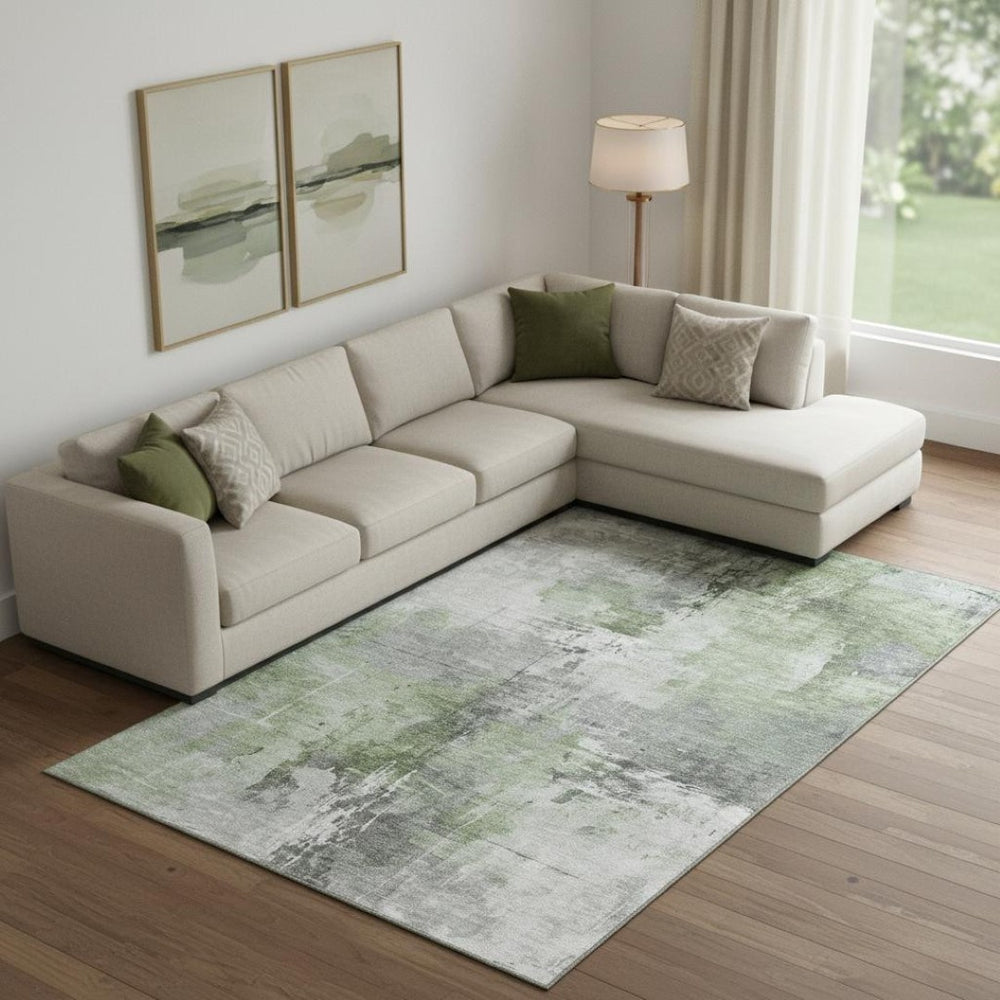 HomeRoots 9' X 12' Modern Green Ivory Gray Abstract Washable Area Rug with UV Protection for High-Traffic Homes 696667