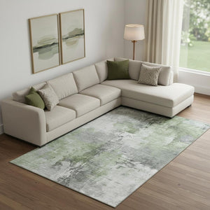 HomeRoots 9' X 12' Modern Green Ivory Gray Abstract Washable Area Rug with UV Protection for High-Traffic Homes 696667