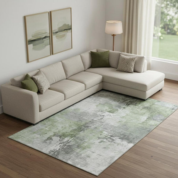 HomeRoots 9' X 12' Modern Green Ivory Gray Abstract Washable Area Rug with UV Protection for High-Traffic Homes 696667