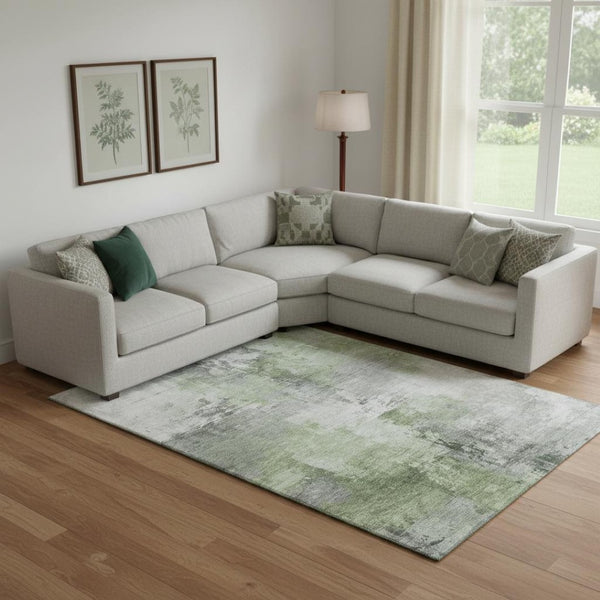 HomeRoots 10' Abstract Green Ivory Gray Washable Area Rug - UV Protected, Non-Slip, Perfect for Busy Homes! 696668