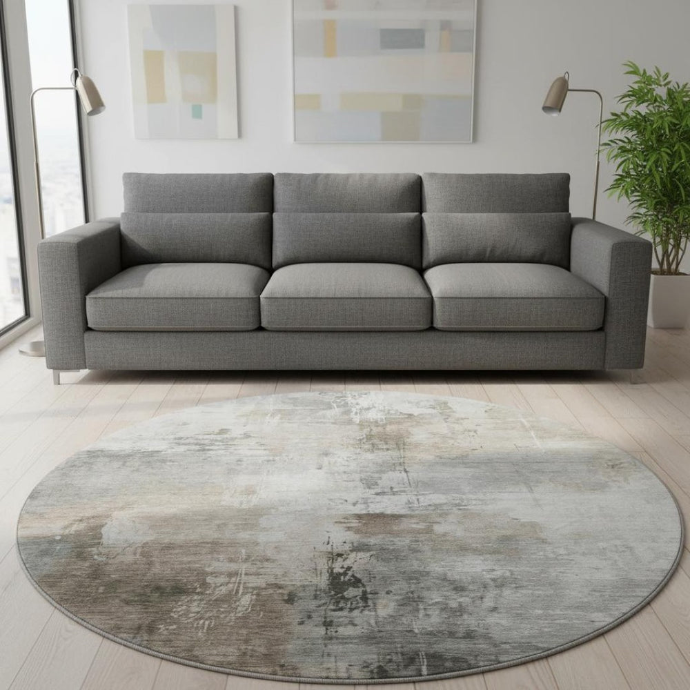 HomeRoots 8' Ivory Gray Beige Abstract Round Rug - Washable, UV Protected, Durable for Family Homes & Pets 696671