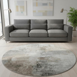 HomeRoots 8' Ivory Gray Beige Abstract Round Rug - Washable, UV Protected, Durable for Family Homes & Pets 696671
