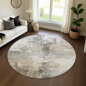 HomeRoots 8' Ivory Gray Beige Abstract Round Rug - Washable, UV Protected, Durable for Family Homes & Pets 696671
