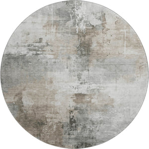 HomeRoots 8' Ivory Gray Beige Abstract Round Rug - Washable, UV Protected, Durable for Family Homes & Pets 696671