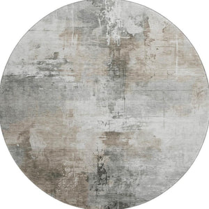 HomeRoots 8' Ivory Gray Beige Abstract Round Rug - Washable, UV Protected, Durable for Family Homes & Pets 696671