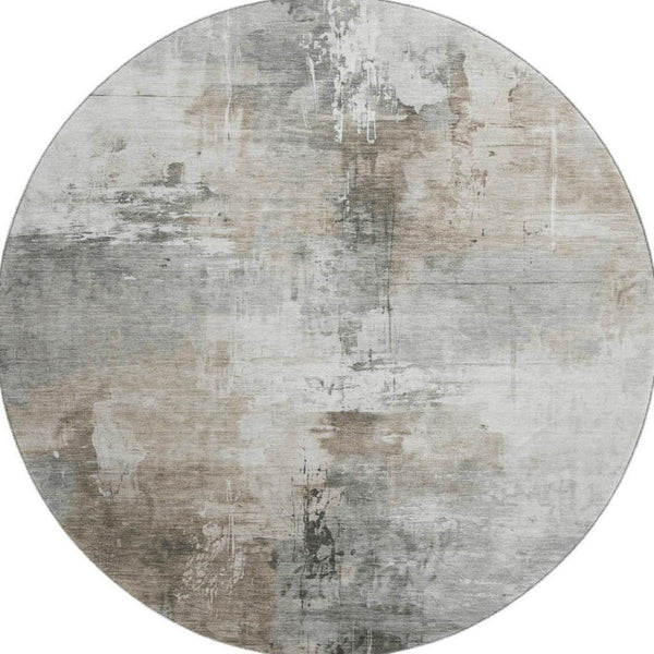 HomeRoots 8' Ivory Gray Beige Abstract Round Rug - Washable, UV Protected, Durable for Family Homes & Pets 696671