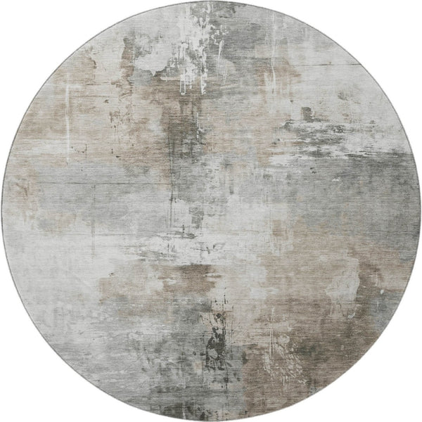 HomeRoots 8' Ivory Gray Beige Abstract Round Rug - Washable, UV Protected, Durable for Family Homes & Pets 696671