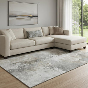 HomeRoots 8' x 10' Ivory Gray Beige Abstract Washable Area Rug with UV Protection for High-Traffic Spaces 696672