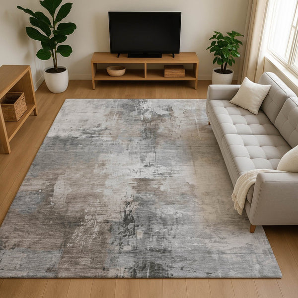 HomeRoots 9' X 12' Washable Ivory Gray Beige Abstract Area Rug with UV Protection & Stain Resistance for Homes 696673