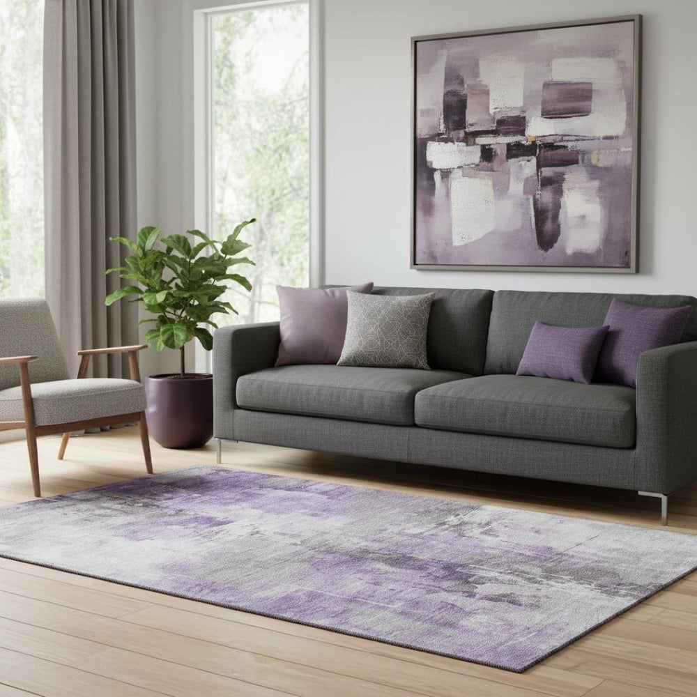 HomeRoots 5' X 8' Stunning Purple, Ivory & Gray Abstract Washable Area Rug with UV Protection & Durability 696676