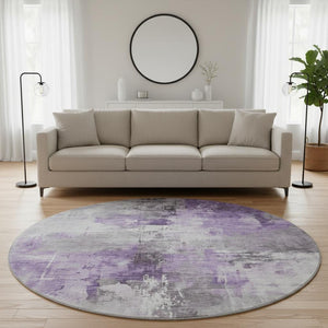 HomeRoots 8' Contemporary Round Rug in Purple, Ivory & Gray – Washable, UV Protected, Stain Resistant Design 696677