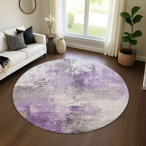 HomeRoots 8' Contemporary Round Rug in Purple, Ivory & Gray – Washable, UV Protected, Stain Resistant Design 696677