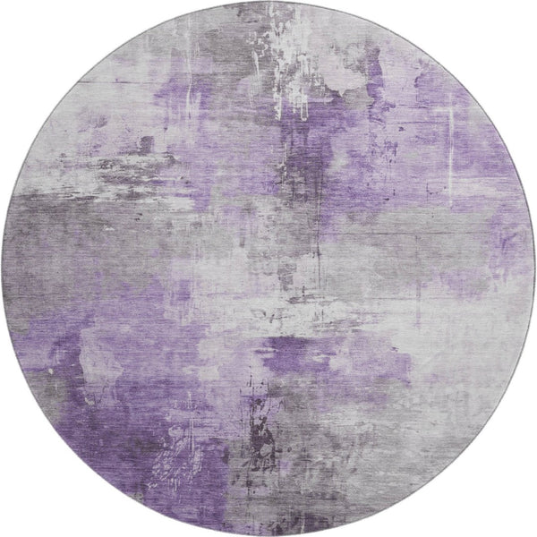 HomeRoots 8' Contemporary Round Rug in Purple, Ivory & Gray – Washable, UV Protected, Stain Resistant Design 696677
