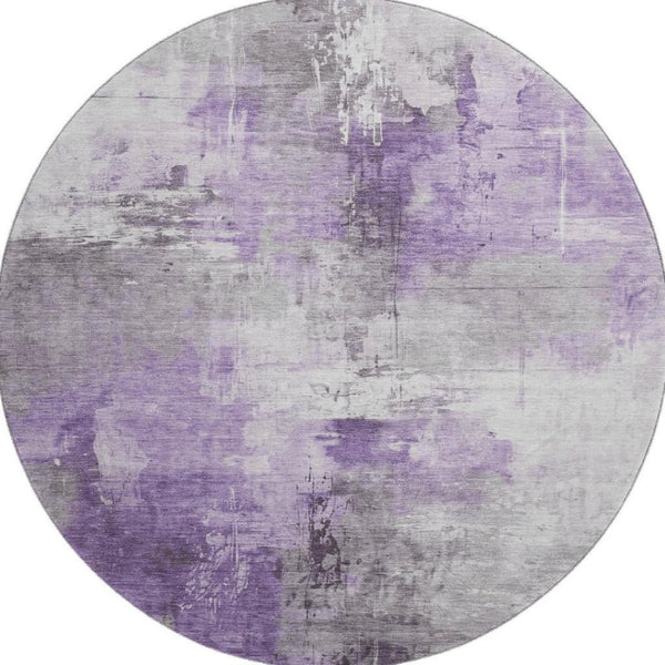 HomeRoots 8' Contemporary Round Rug in Purple, Ivory & Gray – Washable, UV Protected, Stain Resistant Design 696677