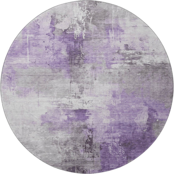 HomeRoots 8' Contemporary Round Rug in Purple, Ivory & Gray – Washable, UV Protected, Stain Resistant Design 696677
