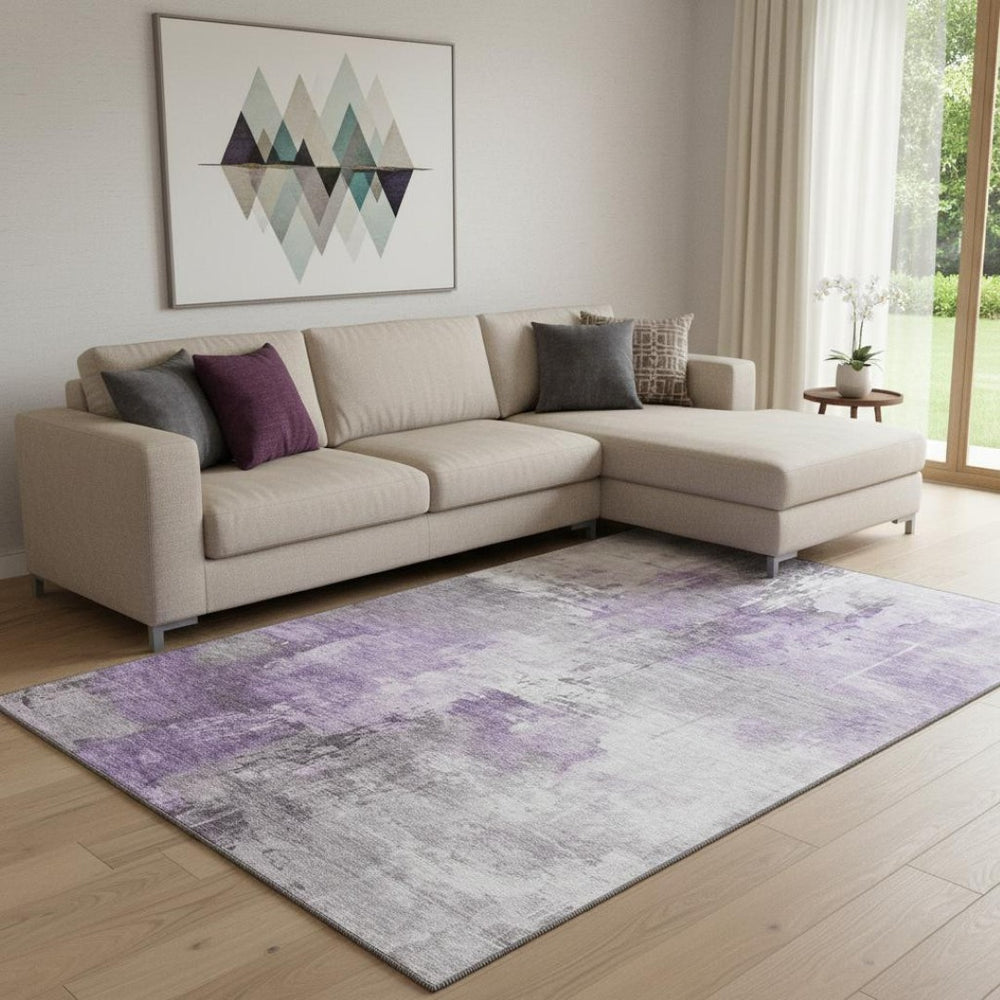 HomeRoots 8' X 10' Modern Purple Ivory Gray Abstract Washable Area Rug with UV Protection for Everyday Living 696678