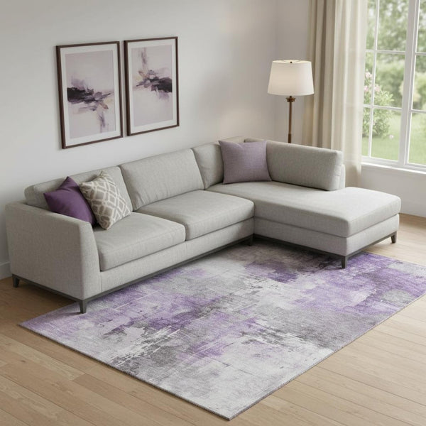 HomeRoots 9' X 12' Stylish Purple, Ivory & Gray Abstract Washable Area Rug with UV Protection for Homes 696679