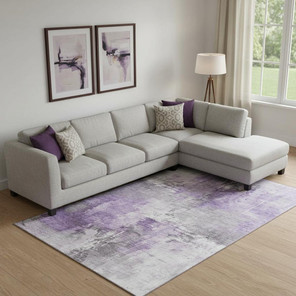 HomeRoots 10' X 14' Abstract Purple, Ivory & Gray Area Rug - Washable, UV Protected, Durable for Busy Homes 696680