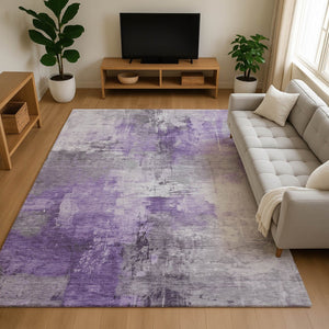 HomeRoots 10' X 14' Abstract Purple, Ivory & Gray Area Rug - Washable, UV Protected, Durable for Busy Homes 696680