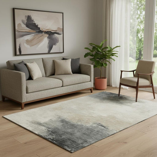 HomeRoots 5' X 8' Abstract Washable Area Rug in Beige, Ivory & Gray - Durable, UV-Protected & Stylish Design! 696682