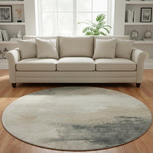 HomeRoots 8' Beige Ivory Gray Abstract Round Rug - Washable, UV-Protected, Soft & Durable for Busy Homes 696683