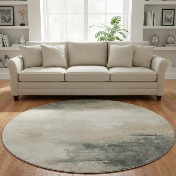 HomeRoots 8' Beige Ivory Gray Abstract Round Rug - Washable, UV-Protected, Soft & Durable for Busy Homes 696683