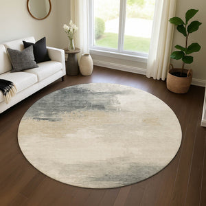 HomeRoots 8' Beige Ivory Gray Abstract Round Rug - Washable, UV-Protected, Soft & Durable for Busy Homes 696683