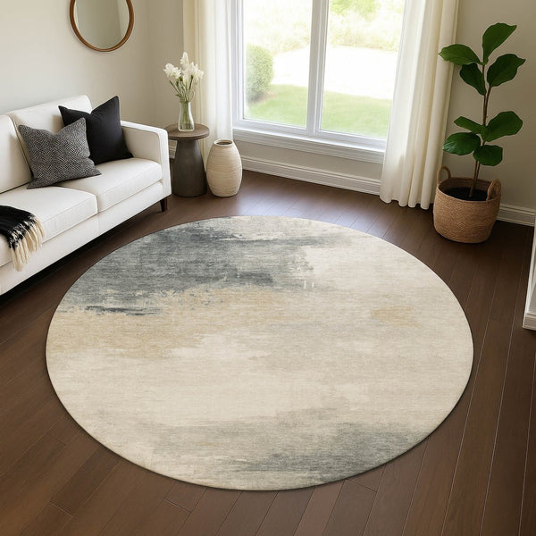 HomeRoots 8' Beige Ivory Gray Abstract Round Rug - Washable, UV-Protected, Soft & Durable for Busy Homes 696683